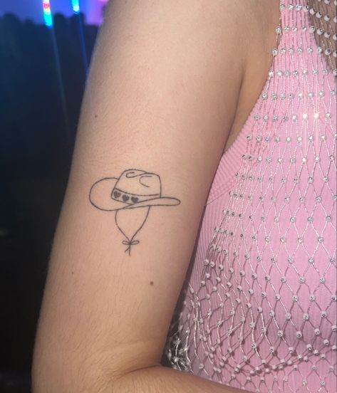 Cowboy Tattoo For Women, Emo Cowboy, Cowboy Hat Tattoo, Hat Tattoo, Cowboy Tattoos, Arm Wear, Matching Tattoo, Boy Tattoos, Small Tattoo