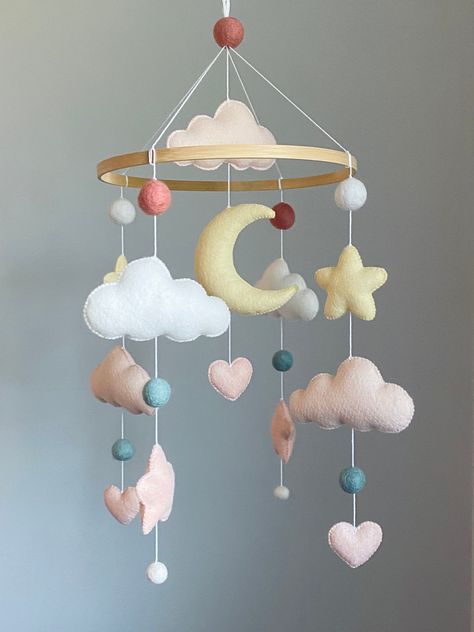 Crib Mobile Girl, Solar System Mobile, Cloud Mobile Nursery, Crib Decoration, Felt Baby Mobile, Handmade Mobile, Mobile Girl, Cot Toys