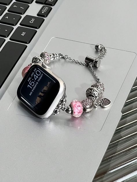 1pc Angel Wing & Heart Beaded Metallic Strap For Apple Watch 38/40/41/42/44/45/49mm, Ultra Series 9/8/7/6/5/4/3/2/1/SE Pink    Zinc Alloy  Smartwatch Bands   Watch Accessories & Tools, size features are:Bust: ,Length: ,Sleeve Length: Apple Watch Pink, Cute Apple Watch Bands, Ultra Series, Flower Packaging, Fragrance Spray, Watch Accessories, Heart Beads, Christmas Wishlist, Apple Watch Series