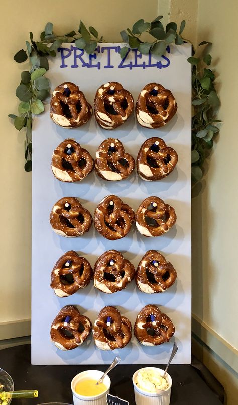 Pretzel Board Display, Diy Pretzel Stand, Pretzel Bar Ideas, Pretzel Board, Salty Bar, Octoberfest Party, Bavarian Pretzel, Resident Events, Pretzel Bars