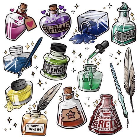 Bottle Designs, Harry Potter Potions, Bottle Drawing, Procreate Ipad Art, Images Harry Potter, Ink Bottle, Inspiration Painting, Tattoo Style Drawings, Witch Art