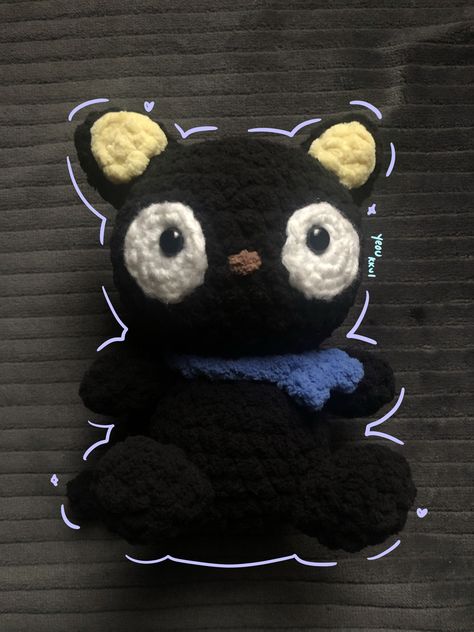 Choco Cat Crochet, Crochet Black Plushie, Cat Plush Crochet Pattern, Black Cat Crochet, Sanrio Crochet, Choco Cat, Plushie Handmade, Sensory Board, Crochet Cute