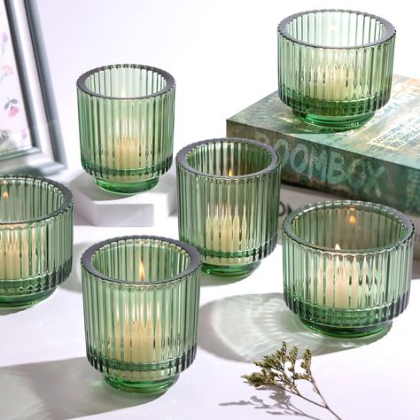 PRICES MAY VARY. Large Size Ribbed Combination Set: You will get 6 high-quality green votive candle holders, including 3 2.95"D*3.35H" and 3 3.58D"*2.56H". The vintage ribbed design emits a warm, lazy glow when the candle is lit, making it the perfect addition to your home or wedding table. Wedding Table Decoration: Green candle holders are an important decoration for wedding table decorations and can be used for outdoor weddings. Because the large size and ribbed design attract the eye, its bea Wedding Centerpieces Vintage, Sage Green Candles, Votive Candles Wedding, Tea Lights Centerpieces, Dinner Party Decor, Green Candle Holders, Candle Table Centerpieces, Home Table Decor, Candle Cups