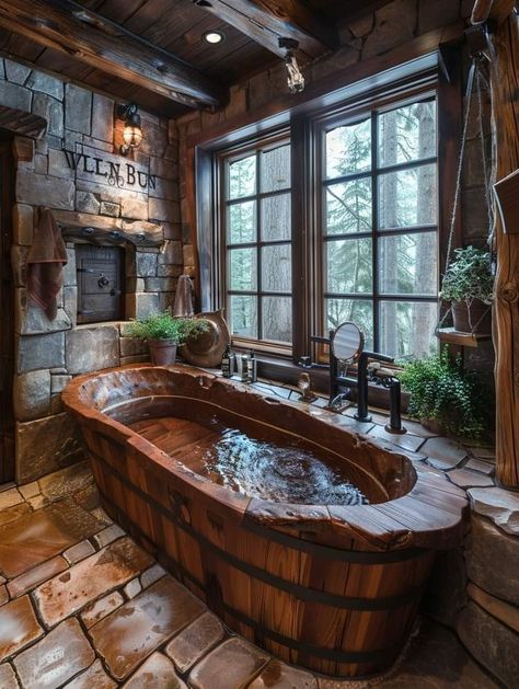 Wabi Sabi Bathroom, Wood Bathtub, Wooden Bathtub, Cabin Bathrooms, Rustic Bathroom Designs, Wood Furniture Design, Rustic Bathroom Decor, Rustic Bathrooms, Small Bathroom Design