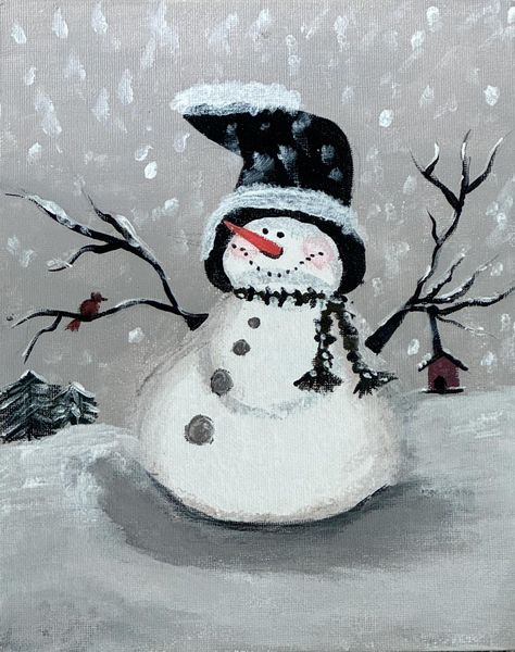 Snowman At Night Art, Snow Man Painting, Winter Acrylic Paintings, Snowman Paintings, Canvas Snowman, Painting Snowflakes, Winter Porch Decor, Winter Scene Paintings, Snowflakes Background