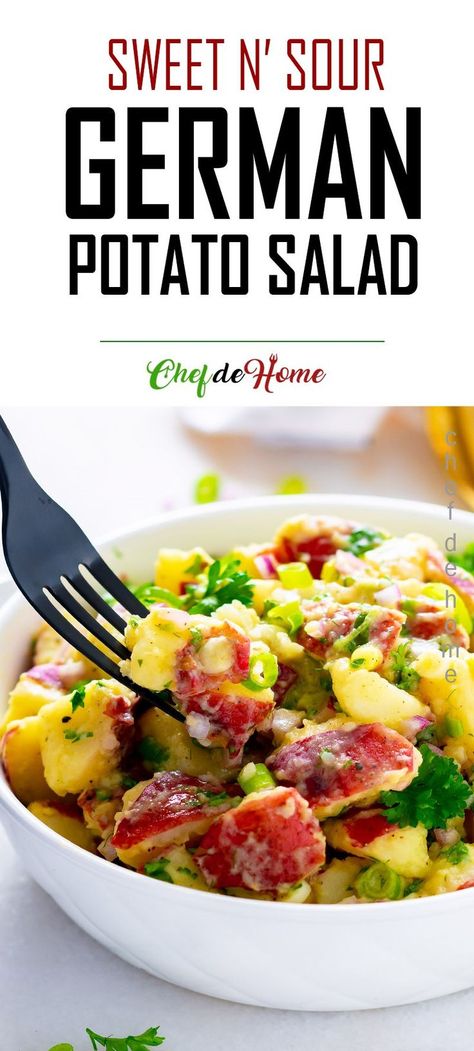 German Potato Salad is a sweet and sour Potato Salad flavored with chicken stock, onion, herbs, and tangy Mustard Vinaigrette dressing. Gluten free, dairy free and all-season Potato Salad which can be served cold or at room temperature.v #saladrecipes #germanpotatosalad #salad #healthyrecipes #healthysalad #healthydinner #easyweeknightdinner Mustard Vinaigrette Dressing, Dairy Free Potato Salad, German Potato Salad Recipe, Potato Salad Dressing, Potato Salad Healthy, Mustard Vinaigrette, German Potato, Seasoned Potatoes, German Potato Salad