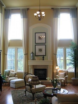 window treatments for two story family room...also love the fireplace Decorate Fireplace, Inexpensive Window Treatments, Two Story Windows, High Ceiling Living Room, Window Treatments Living Room, Foyer Decorating, Curtains Living, Living Room Windows, High Ceilings