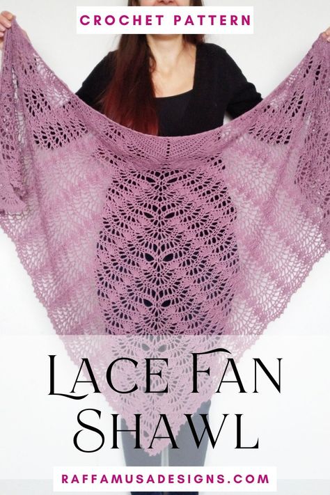 A person holding the crochet triangle shawl made with the lace feather and fan stitch Feminine Crochet, Lace Shawl Pattern, Crocheted Shawl, Crochet Lace Shawl, Crochet Shawl Pattern Free, Lace Weight Yarn, Crochet Triangle, Crochet Shawls And Wraps, Crochet Shawls