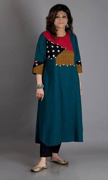 Beautiful Cotton Kurti with detailing as patches. Patchwork Kurti, Indian Kurti Designs, Kurta Patterns, Salwar Pattern, Simple Kurta Designs, Designer Kurti Patterns, Simple Kurti Designs, Salwar Designs, Kurti Designs Latest