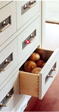 Vented Drawer Fronts for Storing Root Vegetables Produce Drawer In Kitchen, Produce Drawers Pantry, Vegetable Drawers Kitchen, Storing Root Vegetables, Vegetable Drawer, Modular Kitchen Cabinets, Kitchen Furniture Storage, Pantry Drawers, Latest Kitchen Designs