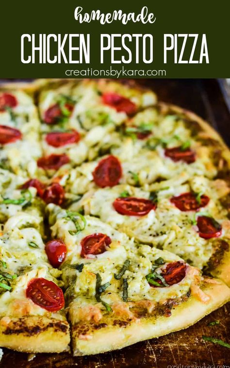 This homemade CHICKEN PESTO PIZZA is perfect for family pizza night! With chewy crust, basil pesto, chicken, mozzarella, and tomatoes, it tastes like a pizza from a fancy restaurant. A must try for pesto lovers! #pestopizza #pestochickenpizza @Creations by Kara Tomato And Pesto, Recipe With Tomatoes, Chicken Pesto Pizza, Pesto Pizza Recipe, Basil Pesto Chicken, Family Pizza Night, Chicken Mozzarella, White Pizza Recipes, Cranberry Chicken Salad