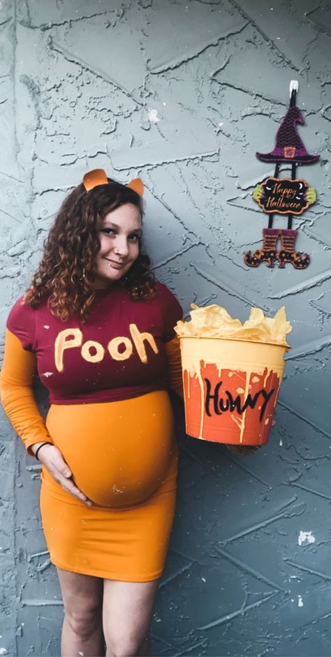 Winnie The Pooh Maternity Pictures, Winnie The Pooh Maternity Photo Shoot, Halloween Maternity Photoshoot, Maternity Halloween, Halloween Maternity, Pooh Halloween, Winnie The Pooh Halloween, Maternity Picture, Pregnant Halloween