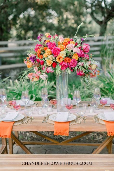 Bright Wedding Centerpieces, Orange Summer Wedding, Hot Pink Wedding Shoes, Bridesmaid Dresses Coral, Bridesmaid Dresses Orange, Spritz Party, Corsage Pink, Orange And Pink Wedding, Wedding Color Palette Summer