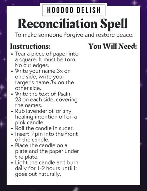 This is a forgiveness spell that my mentor in Alabama taught to me. I've used it many times to soother tensions between friends, recall quarreling lovers, and heal family feuds. It's a goodie! Forgiveness Spell, Reconciliation Spell, Karma Spell, Money Candle Spell, Hoodoo Magic, Visual Book, Hoodoo Spells, Witch Spirituality, Magic Spell Book