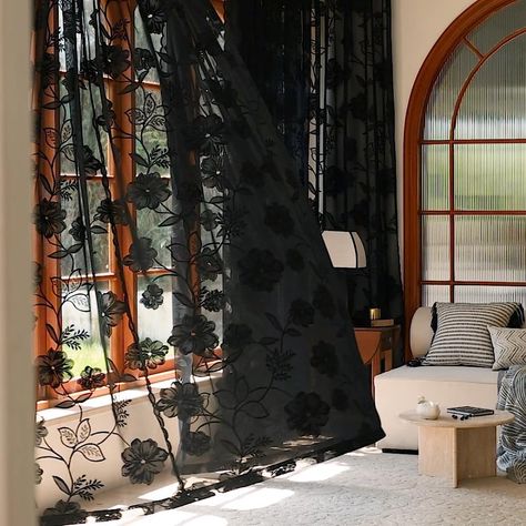 PRICES MAY VARY. Black Lace Curtains: 54"W x 63"L/ Panel, Comes in 2 Panels. Embroidered floral lace curtains create an inviting and unique elagant look in your space. Luxury Black Sheer Curtains: This rustic lace window curtains with scallope edge gently filter light and offer just the right amount of privacy. Fine knitted 3d floral and leafes add vintage-inspired glamour to décor. Rod Pocket Sheer Curtains: Generous 3" rod pocket header to accommodate either a standard or decorative drapery ro Whimsy Goth Curtains, Romantic Curtains Bedroom, Sheer Privacy Curtains, Goth Aesthetic Living Room, Black And Light Wood Living Room, Small Bedroom Window Treatments, Dark Academia Curtains, Moody Decor Living Room, Sheer Black Curtains