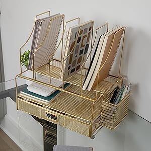 Amazon.com : Martha Stewart Ryder Gold Mesh Metal Large Desktop Organizer with Paper File Letter Holder Organizer and Drawer : Office Products Gold Office Decor, Gold Desk, Gold Office, Paper File, Work Office Decor, File Holder, Pen Storage, Family Furniture, Desktop Organizer