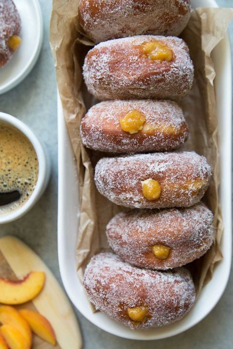 Peach Cream Filled Doughnuts Money English, Cream Filled Donuts, Pastry Cream Filling, Homemade Doughnuts, Peach Preserves, Donut Dessert, Filled Donuts, Homemade Pastries, Peach Cream