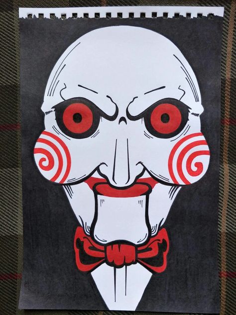 Scary Movie Sketches, Trippy Clown Drawing, Billy Saw Drawing, Jigsaw Canvas Painting, Saw Painting Ideas Horror, Jigsaw Drawing Horror, Saw Decorations Halloween, Billy The Puppet Drawing, Saw Drawing Jigsaw