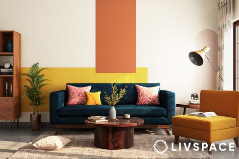 home-colour-designing-orange-yellow-white Colours For Walls, Wall Color Combination, Behind Couch, Home Colour, Interior House Colors, Simple Wall Decor, Interior Design Color, Bedroom Wall Paint, Dekorasi Kamar Tidur