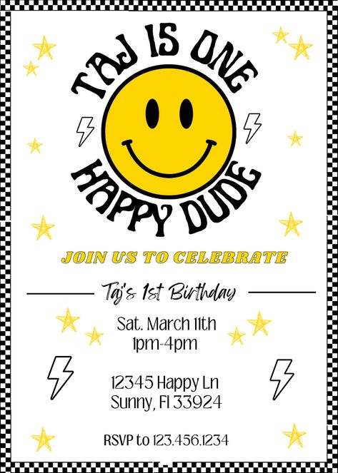 1st birthday invitation boy birthday one happy dude Smiley Face Birthday, One Happy Dude Birthday, Dude Birthday, One Happy Dude, 1st Birthday Invite, 1st Birthday Themes, Baby Boy 1st Birthday, Birthday Invite, 1st Boy Birthday