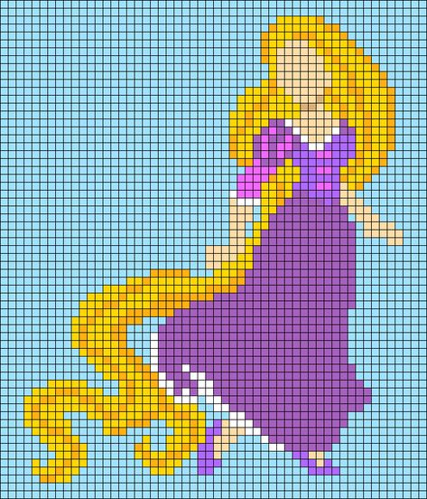 Tangled Grid Pattern, Rapunzel Alpha Pattern, Tangled Alpha Pattern, Tangled Pixel Art, Rapunzel Cross Stitch, Tangled Disney, Crochet Wall Art, Melty Bead Patterns, Rapunzel Tangled