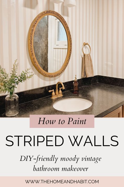 Ready to reimagine your bathroom? This detailed guide walks you through creating stunning striped walls while working with - not against - vintage elements. From measuring to finishing touches, we cover every step. See the complete transformation on the blog. #bathroomdesign #stripeswalls #vintagestyle #moderndesign #homedecor #Bathroommakeoverideas #Bathroommakeover #howtopaintstripedwalls Striped Wall Bathroom, Painting Fixtures, Striped Bathroom Walls, Stripes Wall Paint, 80s Bathroom, Painting Stripes On Walls, Striped Bathroom, Moody Bathroom, Tips For Painting