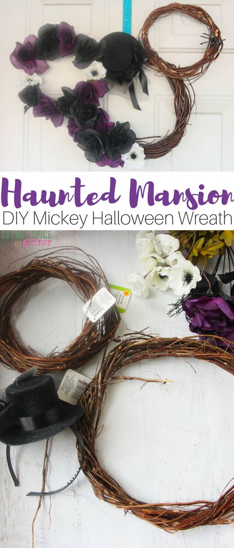 The perfect DIY Halloween wreath for the Disney fan, a Haunted Mansion Mickey wreath that really sets a spooky tone while showing off your Disney and Halloween spirit Mickey Halloween Wreath, Haunted Mansion Wreath, Haunted Mansion Diy, Diy Haunted Mansion, Disney Halloween Diy, Halloween Themed Drinks, Mickey Wreath, Disney Wreath, Halloween Fireplace