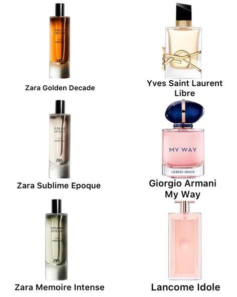 Zara Perfume Dupes Zara Parfum, Zara Fragrance, Valentino Perfume, Zara Perfume, Perfume Hacks, Lancome Perfume, Lancome Idole, Fragrances Perfume Woman, Perfume Collection Fragrance