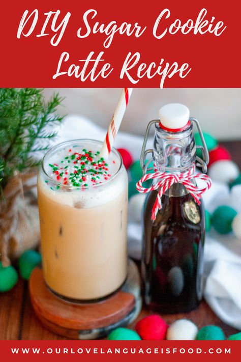 The best DIY sugar cookie latte recipe! Wonderful hot or iced, this delicious seasonal coffee is made with an at-home version of the Starbucks sugar cookie syrup, espresso, milk of choice, and festive Christmas sprinkles! Christmas Coffee Syrup Recipe, Christmas Espresso Drinks, Sugar Cookie Coffee Syrup, Christmas Coffee Syrup, Christmas Latte Ideas, Christmas Latte Recipes, Christmas Coffee Recipe, Sugar Cookie Iced Coffee, Starbucks Sugar Cookie Syrup