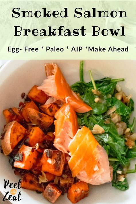 This smoked salmon breakfast bowl recipe is eggless and gluten, dairy and sugar-free. Easy to make ahead, loaded with veggies and AIP compliant, paleo and whole30 approved. Savory breakfast recipes wthout eggs can be hard to find. Our salmon bowl is loaded with veggies like sweet potatoes and kale. peelwithzeal.com #easyrecipe #mealprep #makeahead #salmon #fish #breakfastbowl #savorybreakfast #paleobreakfastideas #noeggs via @peelwithzeal October Recipes, Smoked Salmon Breakfast, Aip Meals, Salmon Breakfast, Gluten Free Recipes For Lunch, Breakfast Bowls Recipe, Savory Breakfast Recipes, Cook Fish, Amazing Breakfast