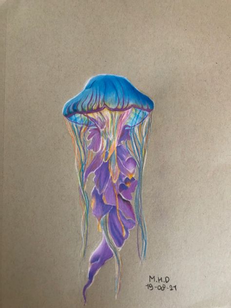 Jelly Fish Drawing Color, Fish Drawing Colour, Jellyfish Drawing Tutorial, Abstract Mandala, Jellyfish Drawing, Colorful Drawing, Dream Scape, Fish Drawing, Drawing Realistic