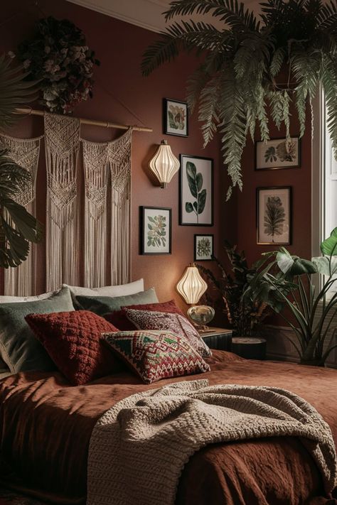 Embrace vintage bohemian charm with earthy tones, macrame decor, and retro lighting. Finish the look with framed art and greenery to create a warm, cozy ambiance. #VintageBohoStyle #CozyBohemianDecor #EarthyBedroomVibes #BohoChicDesign #RetroBohoHaven #MacrameDecor #PatternedCushions #BotanicalArtDecor #KnittedBlankets #LushPlantAesthetics Warm Earthy Bedroom, Boho Apartment Aesthetic, Boho Eclectic Bedroom, Boho Apartment, Boho Apartments, Earthy Bedroom, Boho Chic Design, Bedroom Updates, Eclectic Bedroom