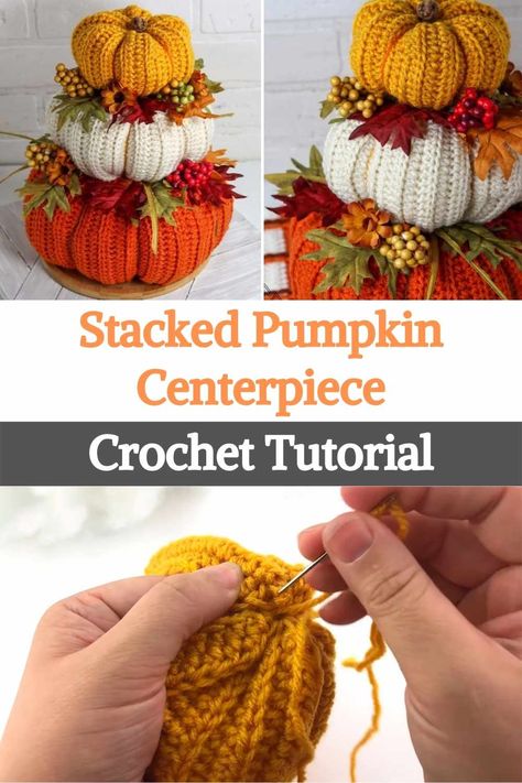 Centerpiece With Pumpkins, Crochet Centerpiece, Pumpkins And Leaves, Cute Pumpkins, Decorate For Fall, Pumpkin Centerpiece, Pumpkin Topiary, Fall Crochet, Crochet Bag Tutorials