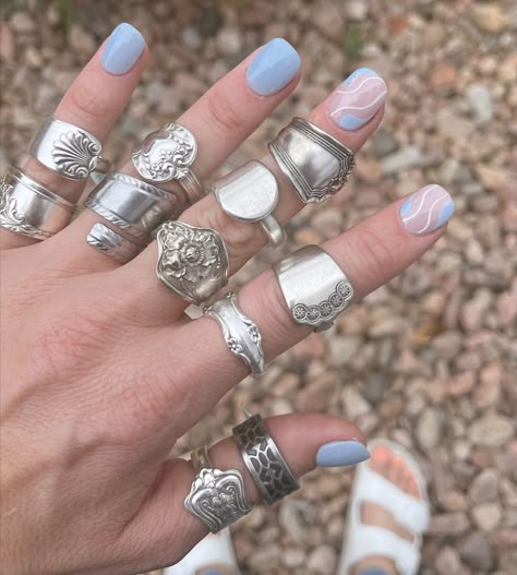 Silver Ring Collection, Funky Rings Silver, Silver Hippie Jewelry, Handmade Jewelry Silver, Spoon Rings Aesthetic, Funky Jewelry Silver, Vintage Jewelry Silver, Silver Vintage Jewelry, Silver Chunky Rings