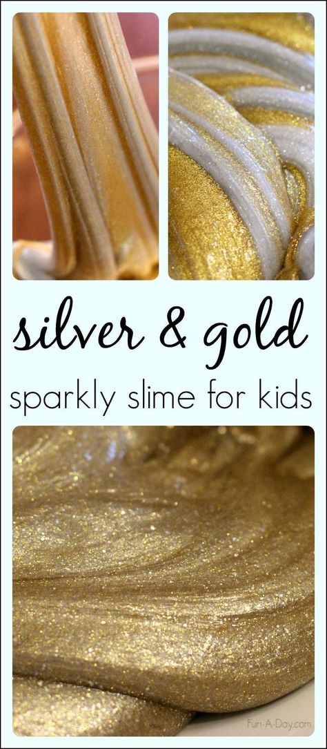 GORGEOUS silver and gold homemade slime for kids #FunADay #slime #SlimeRecipes #PreschoolActivities Glitter Glue Slime Recipes, Glitter Slime Recipe, Homemade Slime Recipe, Easy Slime Recipe, Slime No Glue, Slime For Kids, Homemade Slime, Glitter Slime, How To Make Slime