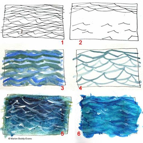 How to Paint Ripples in the Ocean: Focus on the Pattern in the Sea Draw Waves, Water Drawing, Wave Painting, Seni Cat Air, Water Art, Ocean Painting, Painting Lessons, Watercolour Tutorials, Water Painting