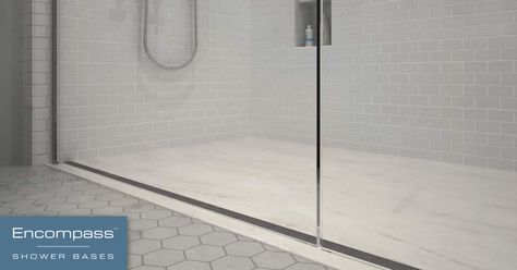 Curbless Shower Base | Zero-Entry Shower | Encompass Shower Bases Shower Pan Ideas, Walk In Shower Base, Micro Bathroom, Curbless Shower Pan, Cleaning Tile Grout, Custom Shower Base, Custom Shower Pan, Age In Place, Entry Tile