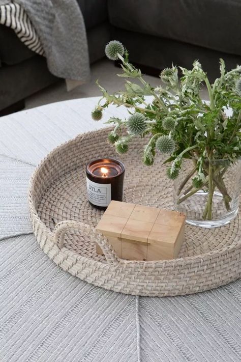 How To Style A Coffee Table - bandddesign.com Tray On Ottoman, Decorate Coffee Table, Round Woven Tray, Ottoman Tray Decor, Ottoman As Coffee Table, Round Coffee Table Styling, Gray Ottoman, Style A Coffee Table, Kate Marker Interiors