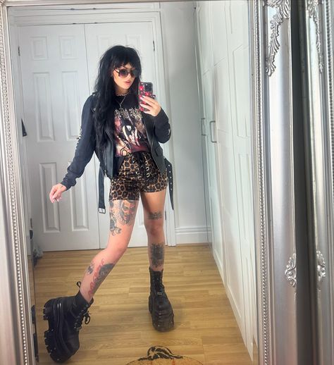 It’s still to warm for this fit but I love it 🫶🏻 @cradleoffilth long sleeve from @eyesoremerch *gifted Boots @newrock Biker jacket @vinted Shorts @mxci_uk (use code KYRAROBINSONN_) Sunglasses @killstar * Grunge Summer, Alt Girls, Rock Outfits, Boring Clothes, Clothing Inspiration, Dressed To Kill, Rave Outfits, Fit Check, Fashion Books