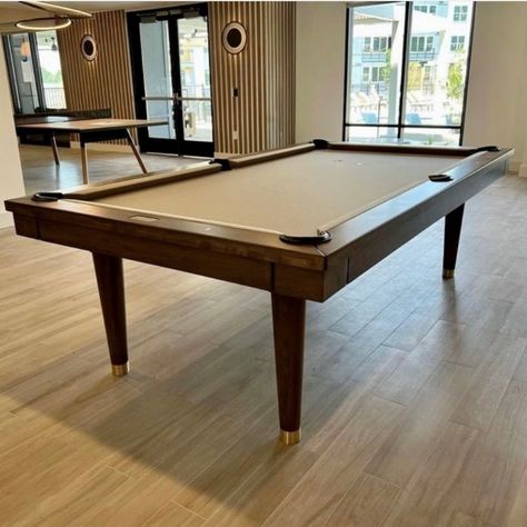 Step into retro gaming paradise with this mid-century modern billiard room and shuffleboard setup. This space seamlessly blends 1960s aesthetics with timeless entertainment Mid Century Modern Pool Table, Midcentury Pool Table, Modern Pool Table Room, Modern Billiard Room, Mid Century Modern Pool, Table Shuffleboard, Mid Century Pool, Pool Table Classic, Vintage Billiards Table