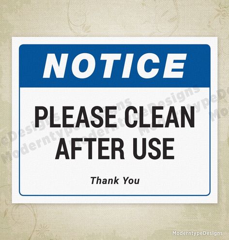 Sometimes we just need a reminder to clean up after using an item that gets a lot of attention throughout the day. Print this Please Clean After Use printable sign PDF and display above your copier, weight lifting equipment, etc. This PDF cannot be edited, it is for printing only. WHAT YOU GET (1 PDF): • 1 PDF Please Clean After Use Sign - 11 x 8.5 SPECIFICATIONS Please Clean Up After Yourself Sign, Clean As You Go Signage, Cleanliness Quotes, Hospital Decor, Bathroom Etiquette, Weight Lifting Equipment, Toilet Signs, Healthy Eating Ideas, Bathroom Rules