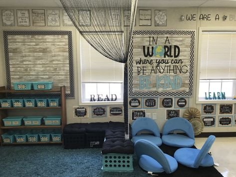 Blue Classroom Theme, Calming Classroom Themes, Themes For Classrooms, Calming Classroom Decor, Minimalist Classroom, School Counselor Classroom, Christian Classroom Decor, Blue Classroom, Rustic Classroom Decor