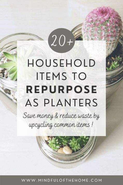 20+ DIY Repurposed Planter Ideas - Mindful of the Home Repurposed Indoor Planter Ideas, Upcycled Hanging Planter, Reuse Plastic Containers For Plants, Diy Herb Planter Indoor, Alternative Plant Pot Ideas, Plant Pot Display, Indoor Plant Container Ideas, Repurposed Planters Upcycling, Plant Pot Ideas Indoor