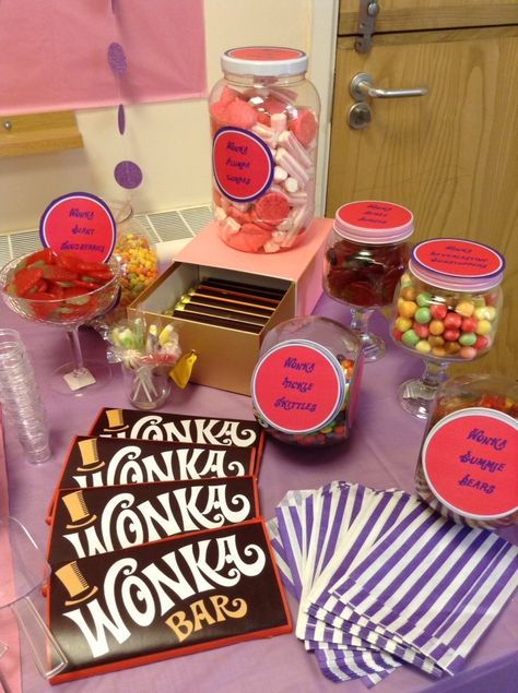 Charlie And The Chocolate Factory Party, Willy Wonka Birthday Party, Wonka Candy, Wonka Movie, Chocolate Factory Party, Charlie Chocolate Factory, Wonka Party, Willy Wonka Party, Alice In Wonderland Tea Party Birthday