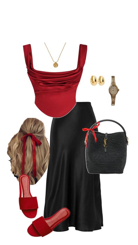 Black skirt - red outfit - ribbon - hair ribbon - red Bordeaux Outfit Summer, Red Top With Skirt, Red And Black Casual Outfit Ideas, Red Skirt Outfit Summer, Black And Red Outfit Classy, Red Top Black Skirt, Red Outfit Aesthetic, Red Black Outfit, Red Top Outfit