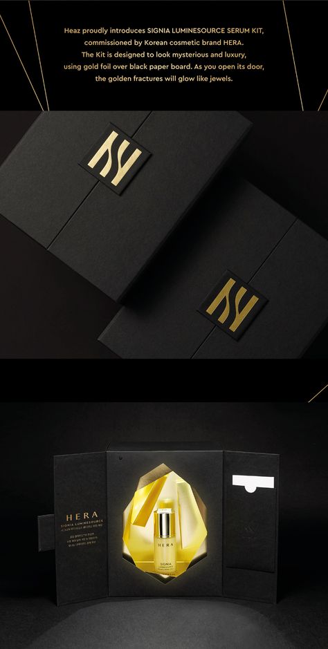 HERA SIGNIA LUMINESOURCE SERUM KIT on Behance Luxury Box Design, Whisky Packaging, Business Card Design Black, Pr Kit, Design Black Gold, Corporate Id, Packaging Template Design, Black Packaging, Packaging Template