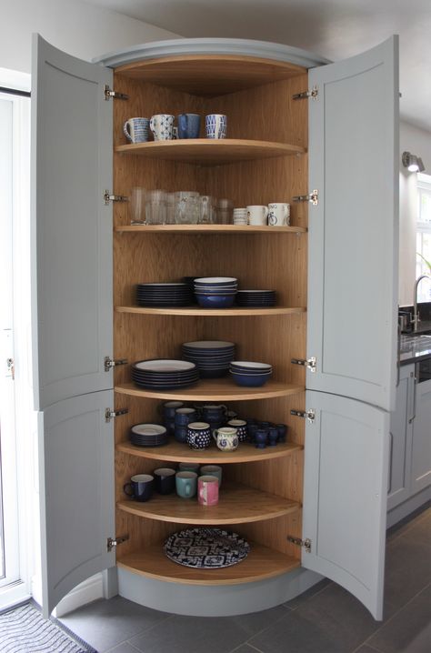 Treske custom corner larder cupboard Almira Side Corner Design, Corner Larder Cupboard, Corner Cupboard Kitchen, Kitchen Larder Cupboard, Kitchen Island Furniture, Kitchen Display Cabinet, Crockery Cabinet, Larder Cupboard, Kitchen Larder