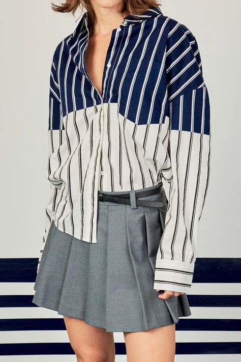 Colorblock Stripe Shirt – English Factory Navy Striped Shirt, Color Block Shirts, Striped Shirts, Summer Style Guide, Casual Party Dresses, Maxi Dress Sale, Stripe Shirt, Fashion Night, Oversized Top