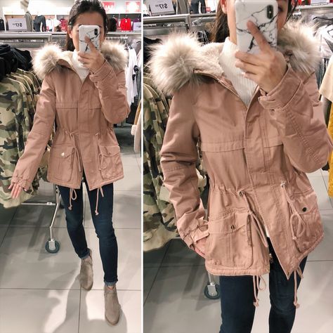 rose pink utility army jacket petite parka Pink Parka Outfit, Jackets For Petite Women, Parka Coat Outfit, Pink Jacket Winter, Womens Parka Coats, Indian Western Dress, Parka Jacket Outfit, Pink Parka, Parka Outfit