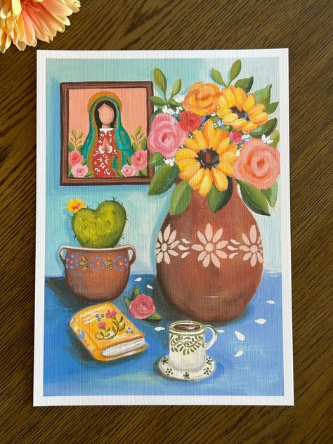 This listing is for one approximately 7 x 10" art print. Print comes signed in plastic protective sleeve. Mexican Canvas Painting Ideas, Mexican Flower Painting, Mexican Art Painting, Colored Markers, Mexican Paintings, Mexican Wall Art, Spanish Art, Canvas Painting Designs, Art Painting Gallery